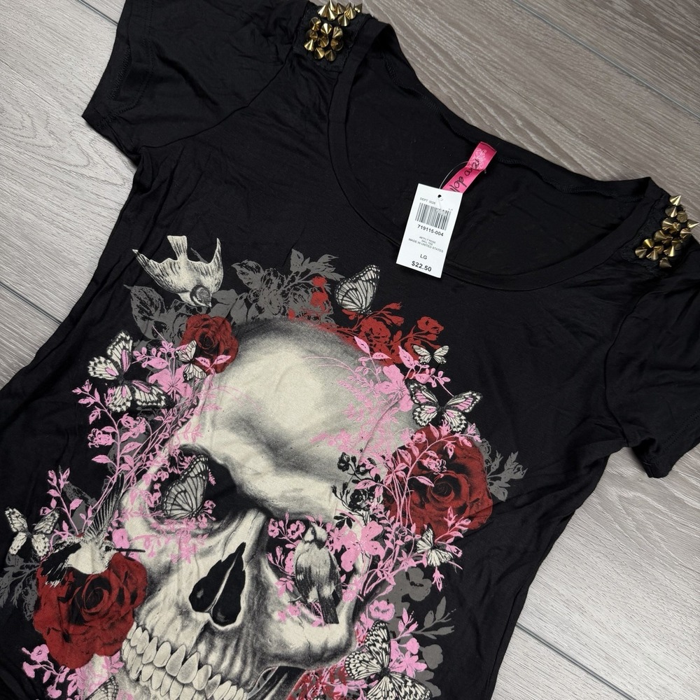 Retro Doll Women's Short Sleeve Sleeve Floral Skull Print Tee Black Large New